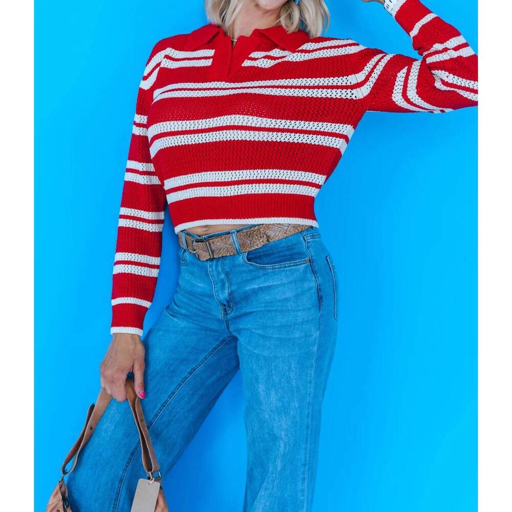 NEW SAGE THE LABEL caddie collared stripe sweater in red